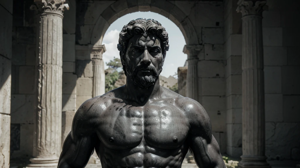 a portrait statue of the stoic Marcus Aurelius in black and white 4K, Super realistic ANCIENT GREEK RUINS, fully body, corpo stark, brawny, stark, wearing no shirt, tronco stark, stark, wearing no shirt, strong arms, 8K, ultra realisitic, cinematographic
