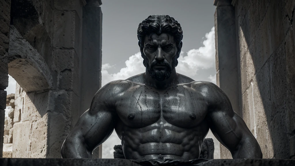 a portrait statue of the stoic Marcus Aurelius in black and white 4K, Super realistic ANCIENT GREEK RUINS, fully body, corpo stark, brawny, stark, wearing no shirt, tronco stark, stark, wearing no shirt, strong arms, 8K, ultra realisitic, cinematographic