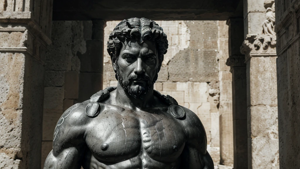a portrait statue of the stoic Marcus Aurelius in black and white 4K, Super realistic ANCIENT GREEK RUINS, fully body, corpo stark, brawny, stark, wearing no shirt, tronco stark, stark, wearing no shirt, strong arms, 8K, ultra realisitic, cinematographic
