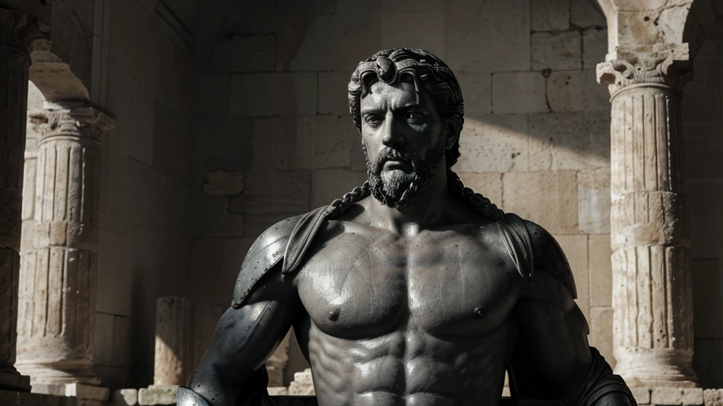 a portrait statue of the stoic Marcus Aurelius in black and white 4K, Super realistic ANCIENT GREEK RUINS, fully body, corpo stark, brawny, stark, wearing no shirt, tronco stark, stark, wearing no shirt, strong arms, 8K, ultra realisitic, cinematographic