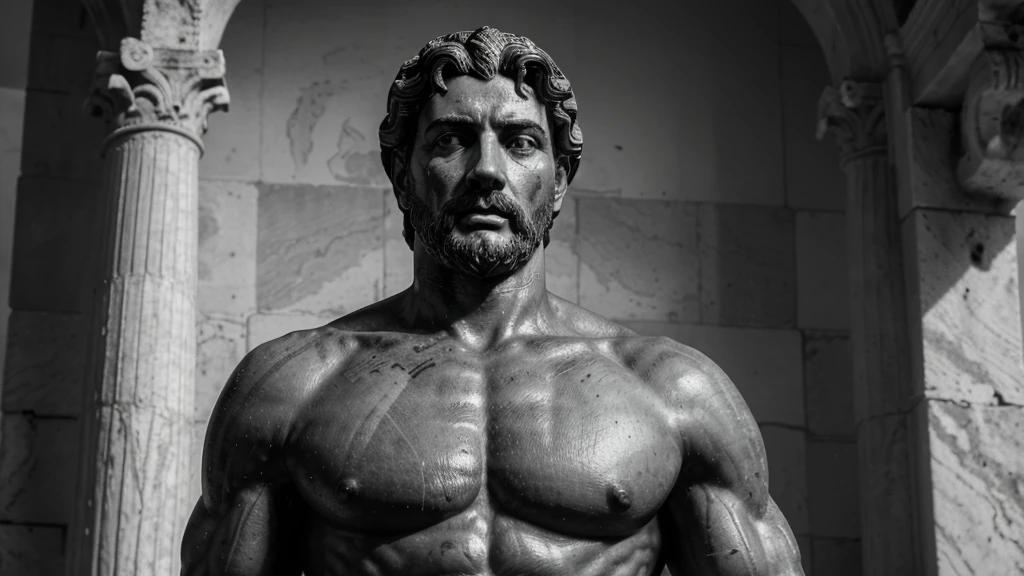 a portrait statue of the stoic Marcus Aurelius in black and white 4K, Super realistic ANCIENT GREEK RUINS, fully body, corpo stark, brawny, stark, wearing no shirt, tronco stark, stark, wearing no shirt, strong arms, 8K, ultra realisitic, cinematographic