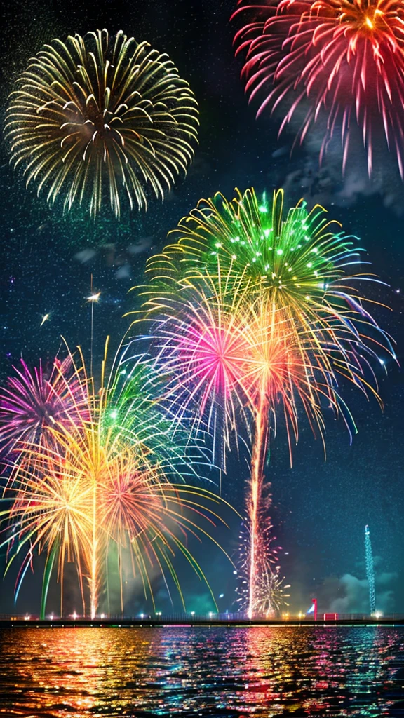 Beautiful Night,Huge fireworks burst into flames on the sea,Colorful colorful,Star-like fireworks, Like a peacock feather, Like a pebble, Illuminating the entire ocean