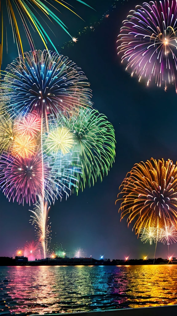 Beautiful Night,Huge fireworks burst into flames on the sea,Colorful colorful,Star-like fireworks, Like a peacock feather, Like a pebble, Illuminating the entire ocean