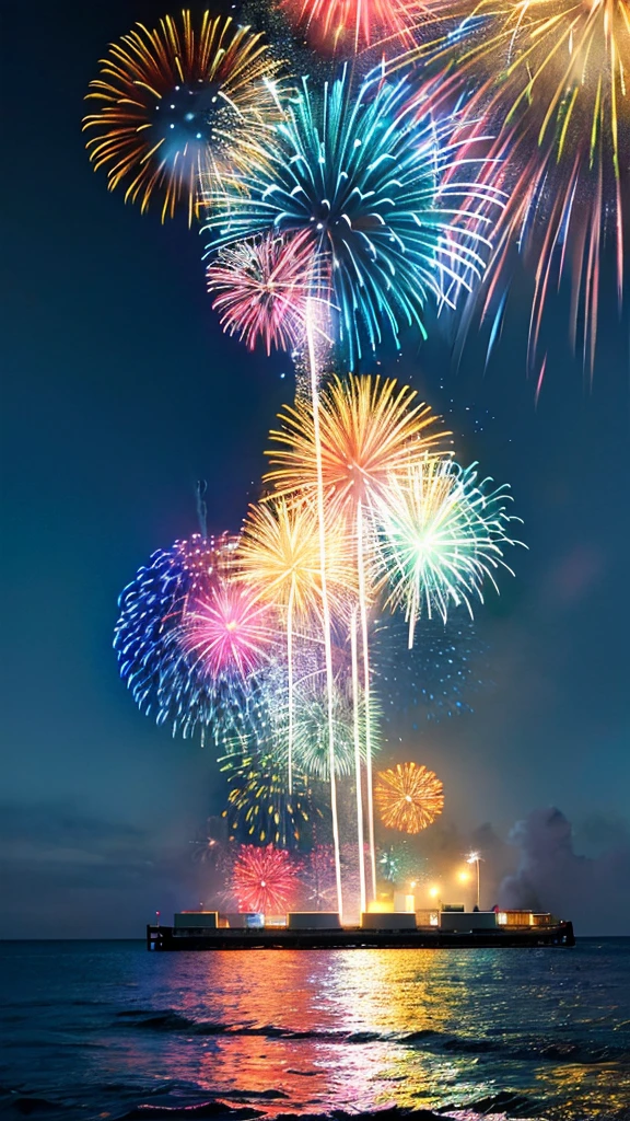 Beautiful Night,Huge fireworks burst into flames on the sea,Colorful colorful,Star-like fireworks, Like a peacock feather, Like a pebble, Illuminating the entire ocean