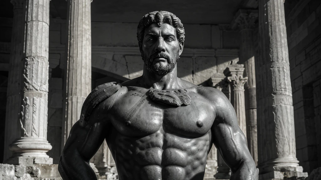 a portrait statue of the stoic Marcus Aurelius in black and white 4K, Super realistic ANCIENT GREEK RUINS, fully body, corpo stark, brawny, stark, wearing no shirt, tronco stark, stark, wearing no shirt, strong arms, 8K, ultra realisitic, cinematographic