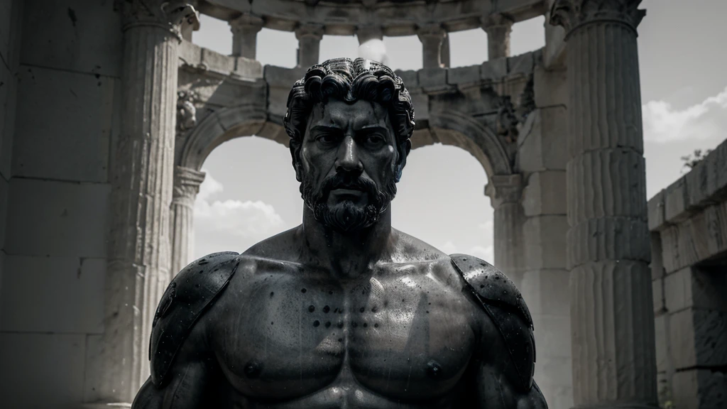 a portrait statue of the stoic Marcus Aurelius in black and white 4K, Super realistic ANCIENT GREEK RUINS, fully body, corpo stark, brawny, stark, wearing no shirt, tronco stark, stark, wearing no shirt, strong arms, 8K, ultra realisitic, cinematographic