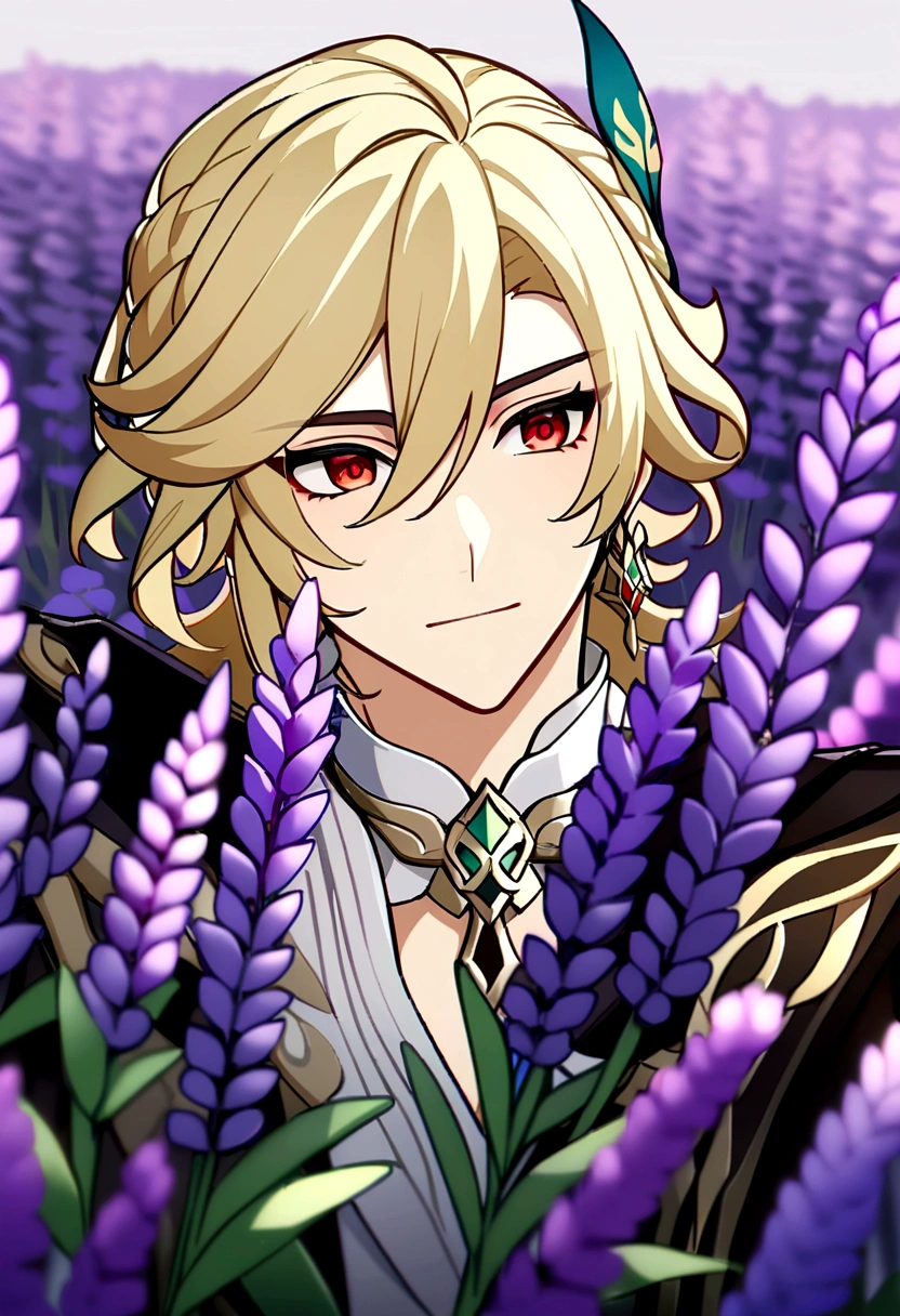 kaveh (genshin impact), 1 male, blond hair, red eyes, in lavender field with flowers