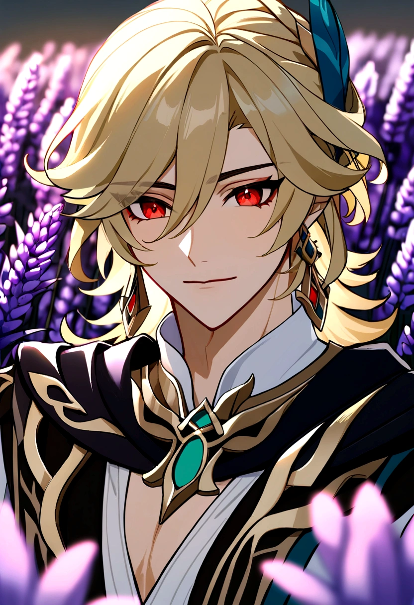kaveh (genshin impact), 1 male, blond hair, red eyes, in lavender field with flowers
