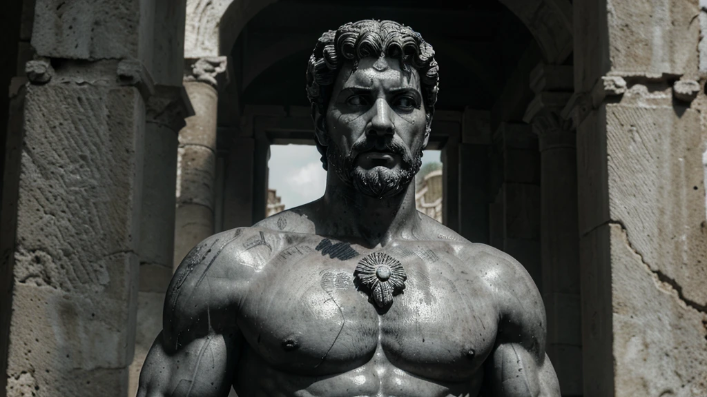 a portrait statue of the stoic Marcus Aurelius in black and white 4K, Super realistic ANCIENT GREEK RUINS, fully body, corpo stark, brawny, stark, wearing no shirt, tronco stark, stark, wearing no shirt, strong arms, 8K, ultra realisitic, cinematographic