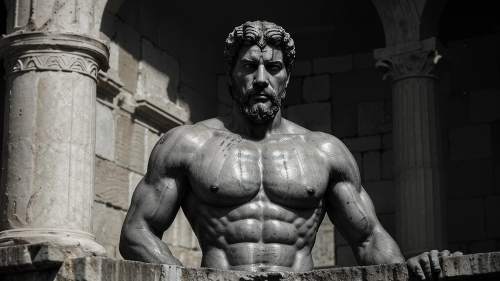 a portrait statue of the stoic Marcus Aurelius in black and white 4K, Super realistic ANCIENT GREEK RUINS, fully body, corpo stark, brawny, stark, wearing no shirt, tronco stark, stark, wearing no shirt, strong arms, 8K, ultra realisitic, cinematographic