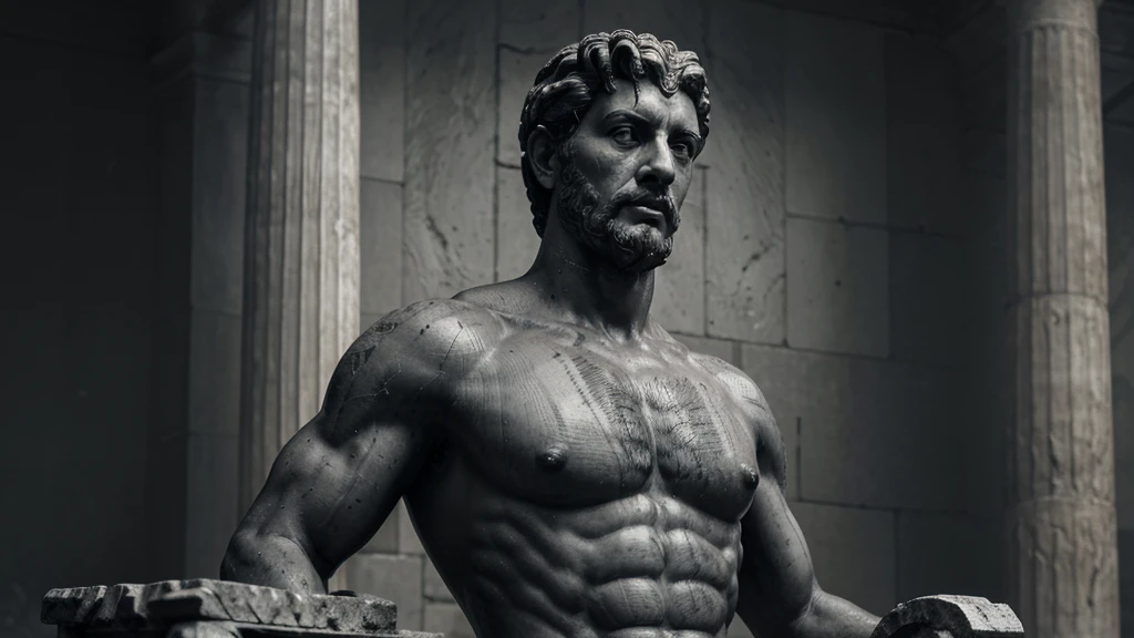 a portrait statue of the stoic Marcus Aurelius in black and white 4K, Super realistic ANCIENT GREEK RUINS, fully body, corpo stark, brawny, stark, wearing no shirt, tronco stark, stark, wearing no shirt, strong arms, 8K, ultra realisitic, cinematographic