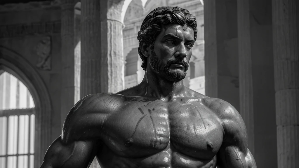a portrait statue of the stoic Marcus Aurelius in black and white 4K, Super realistic ANCIENT GREEK RUINS, fully body, corpo stark, brawny, stark, wearing no shirt, tronco stark, stark, wearing no shirt, strong arms, 8K, ultra realisitic, cinematographic