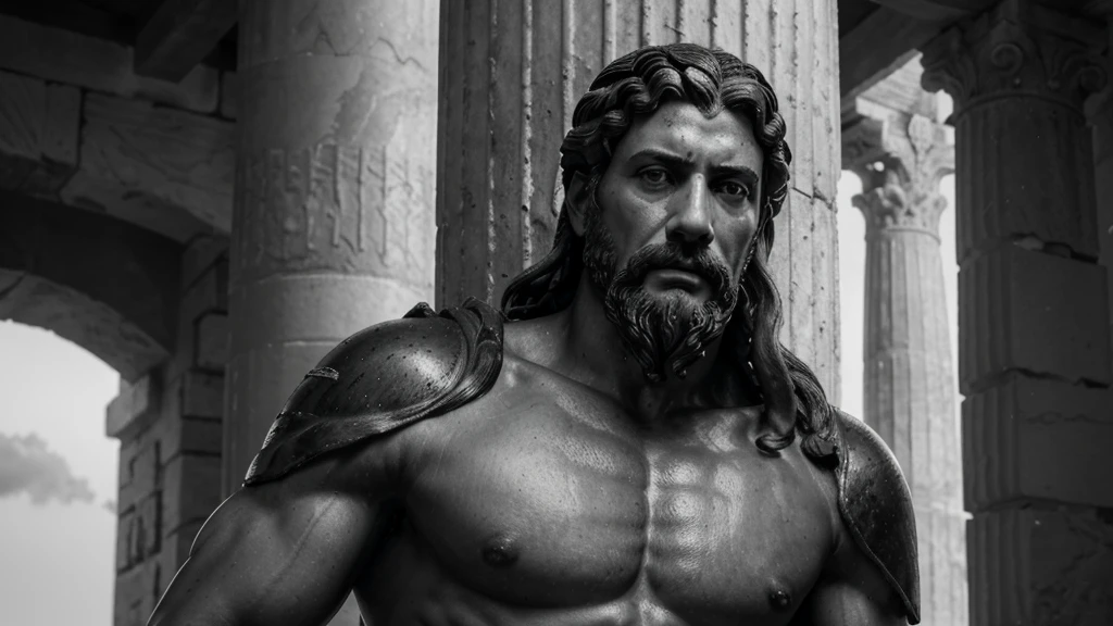 a portrait statue of the stoic Marcus Aurelius in black and white 4K, Super realistic ANCIENT GREEK RUINS, fully body, corpo stark, brawny, stark, wearing no shirt, tronco stark, stark, wearing no shirt, strong arms, 8K, ultra realisitic, cinematographic