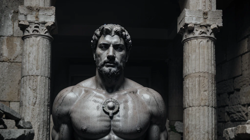 a portrait statue of the stoic Marcus Aurelius in black and white 4K, Super realistic ANCIENT GREEK RUINS, fully body, corpo stark, brawny, stark, wearing no shirt, tronco stark, stark, wearing no shirt, strong arms, 8K, ultra realisitic, cinematographic