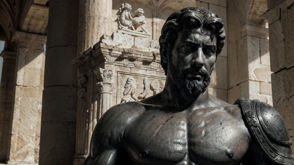 a portrait statue of the stoic Marcus Aurelius in black and white 4K, Super realistic ANCIENT GREEK RUINS, fully body, corpo stark, brawny, stark, wearing no shirt, tronco stark, stark, wearing no shirt, strong arms, 8K, ultra realisitic, cinematographic