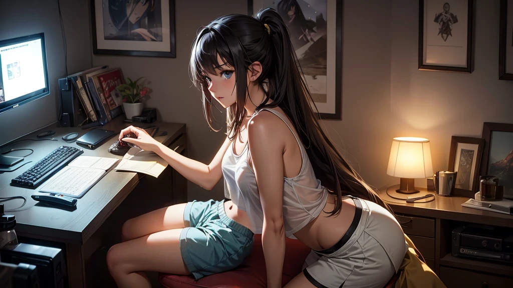 Create a high-quality, detailed image of a beautiful anime lofi girl with long hair, beautiful eyes. sitting at her gaming PC in her cozy gaming room. She is wearing a see-through tank top and no bra, and her midriff is showing. She also has on sleep shorts. The warm, inviting scene includes soft ambient lighting and comfortable seating. The room is illuminated by a small lamp, creating a serene and intimate atmosphere with a touch of sensuality