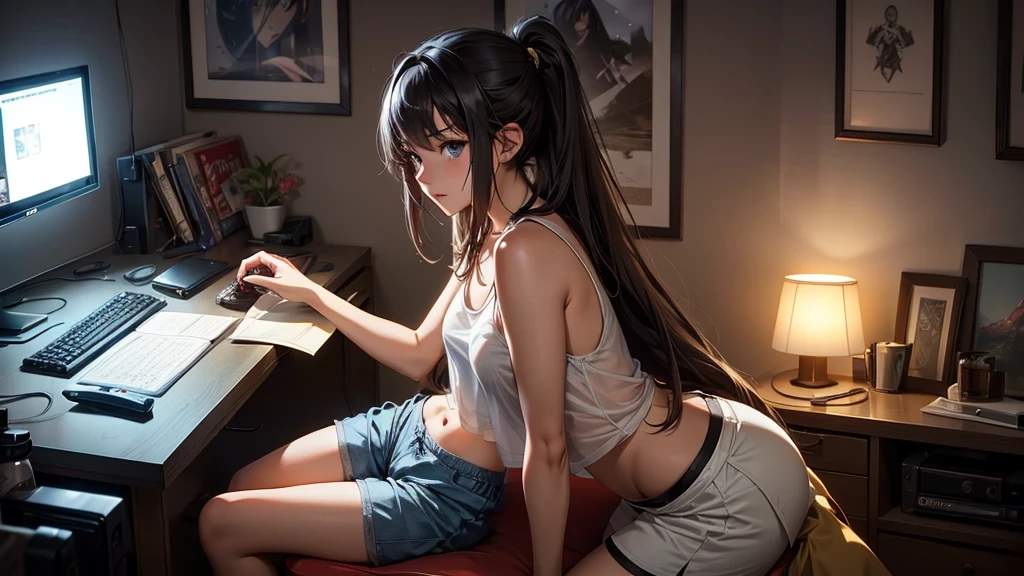 Create a high-quality, detailed image of a beautiful anime lofi girl with long hair, beautiful eyes. sitting at her gaming PC in her cozy gaming room. She is wearing a see-through tank top and no bra, and her midriff is showing. She also has on sleep shorts. The warm, inviting scene includes soft ambient lighting and comfortable seating. The room is illuminated by a small lamp, creating a serene and intimate atmosphere with a touch of sensuality