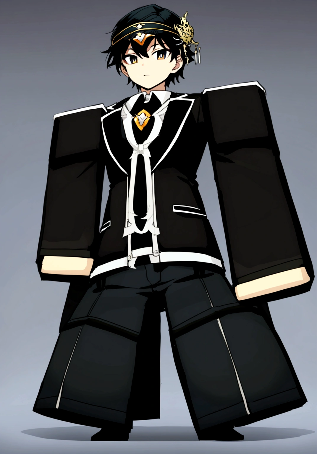 Anime boy with mask around his head wearing a suit black hair black suit eyes black short hair