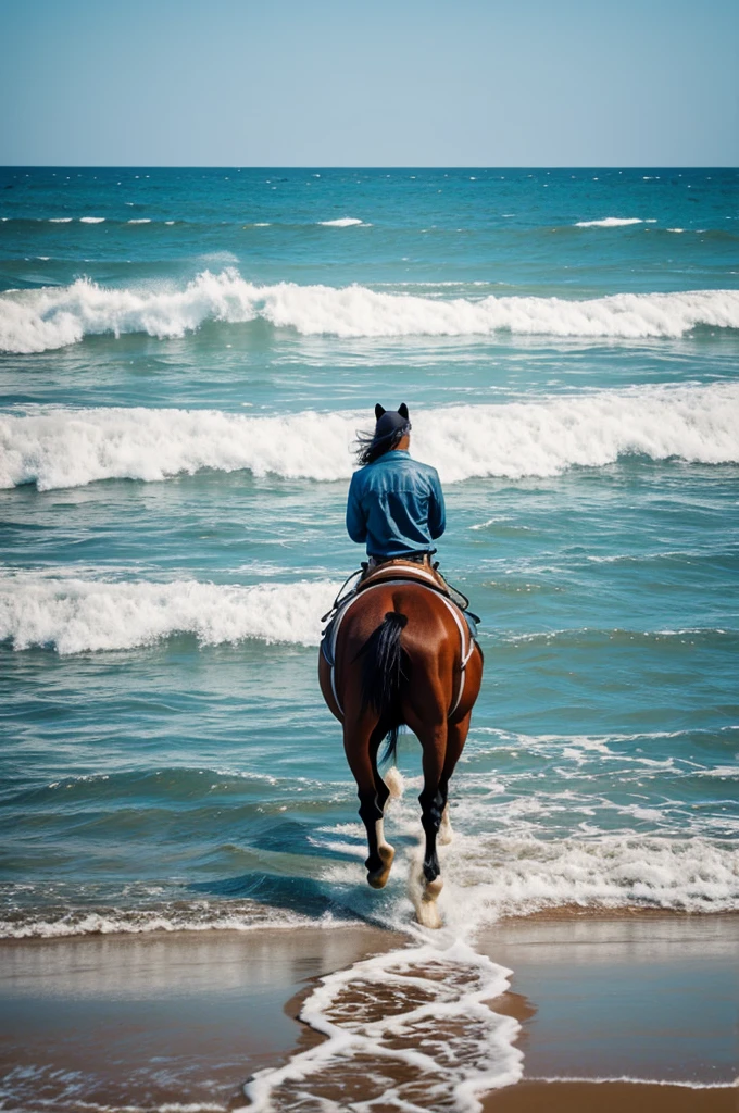 Horse walking away entering the sea with its back turned deep into the sea, paint 