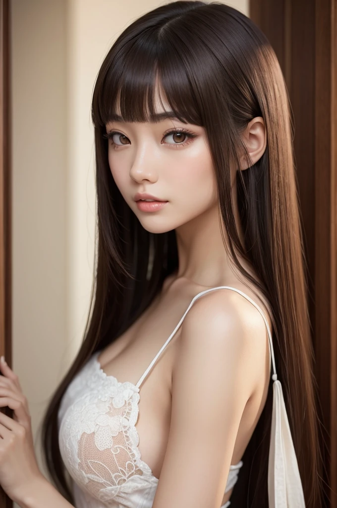 A brunette woman with straight hair, beautiful oriental features
