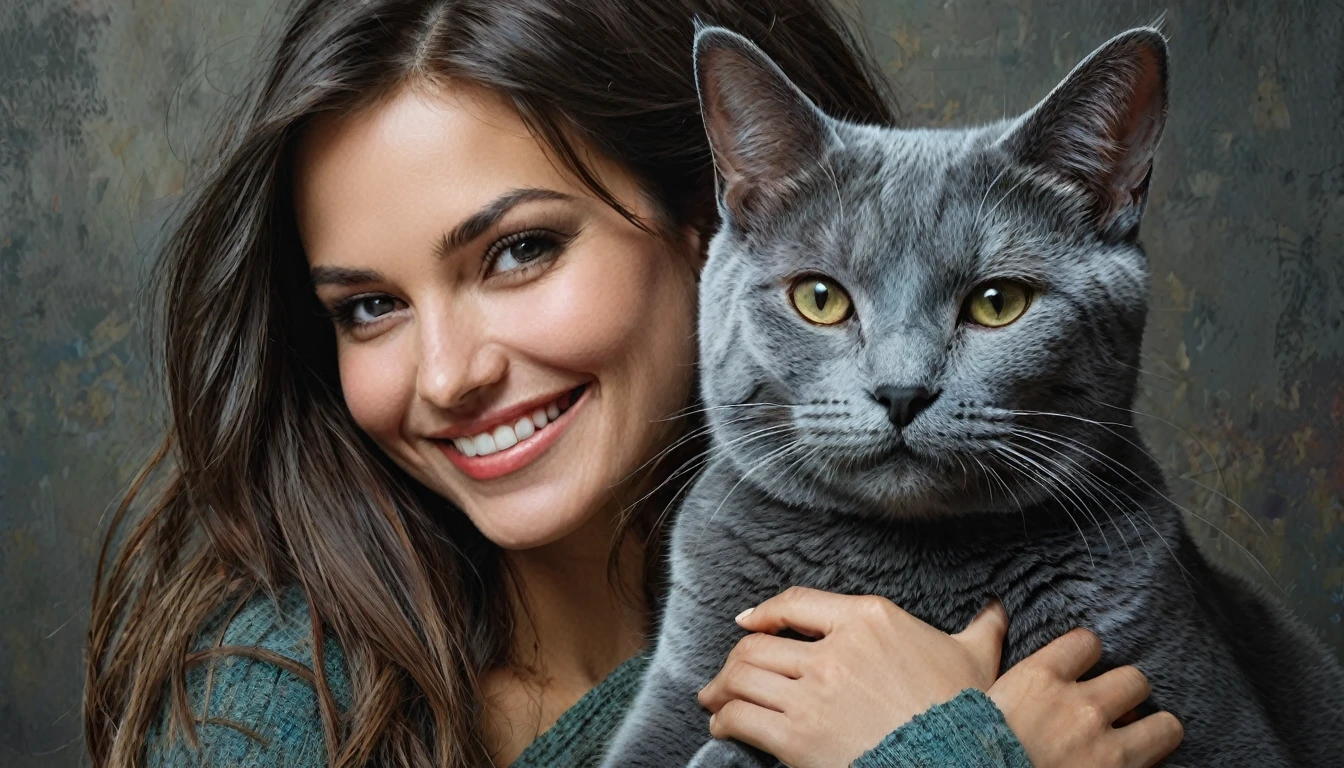 half  body,
a woman smile  with her best friend her Russian Blue Cat,
dark complex background, style by Thomas Kinkade+David A. Hardy+Carne Griffiths+Mandy Disher half vivid colors fine art, best quality, high detailed, detailed faces, 2d,