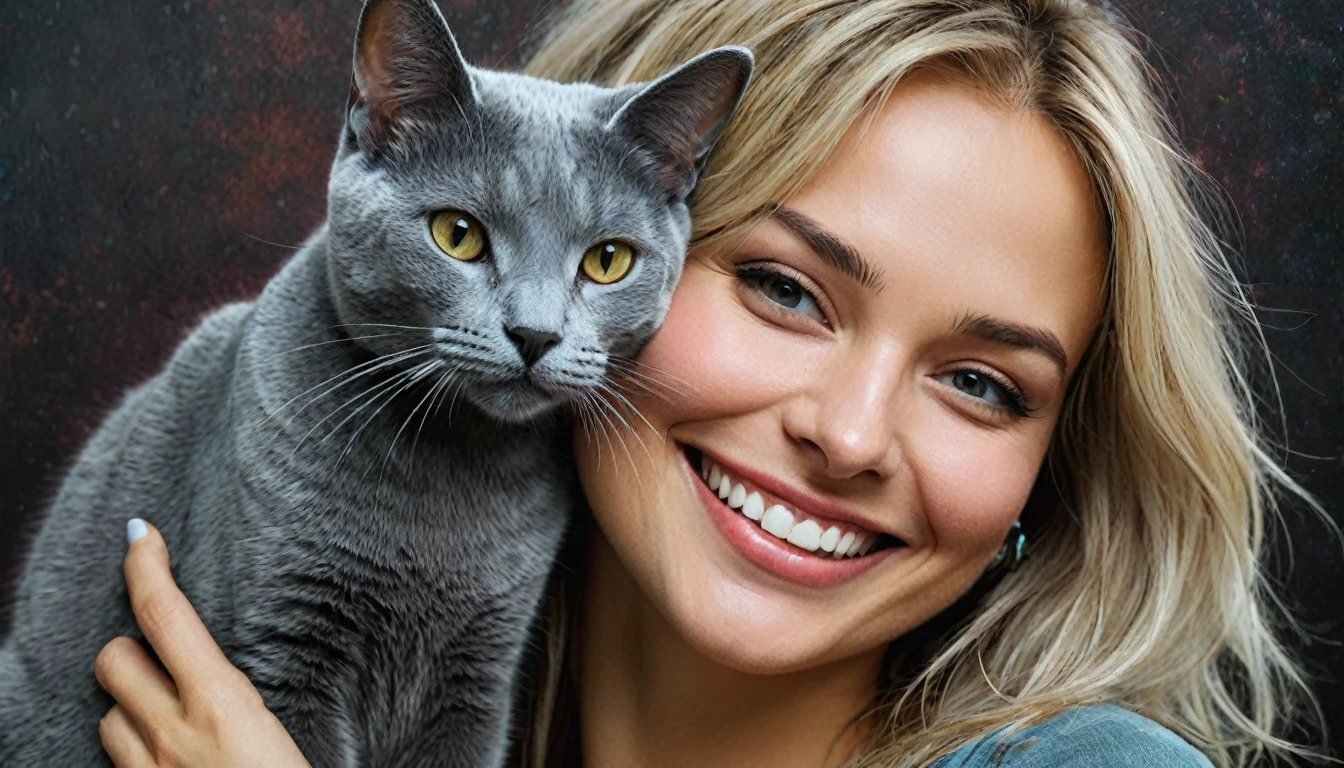 half body,
a woman smile with her best friend her Russian Blue Cat,
dark complex background, style by Thomas Kinkade+David A. Hardy+Carne Griffiths+Mandy Disher half vivid colors fine art, best quality, high detailed, detailed faces, 2d,