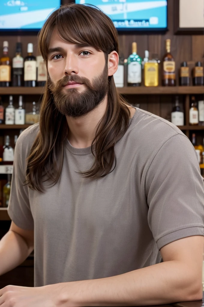 reddish brown haired man、Gray Eyes、Thin beard、Center parted bangs、Bar clerk