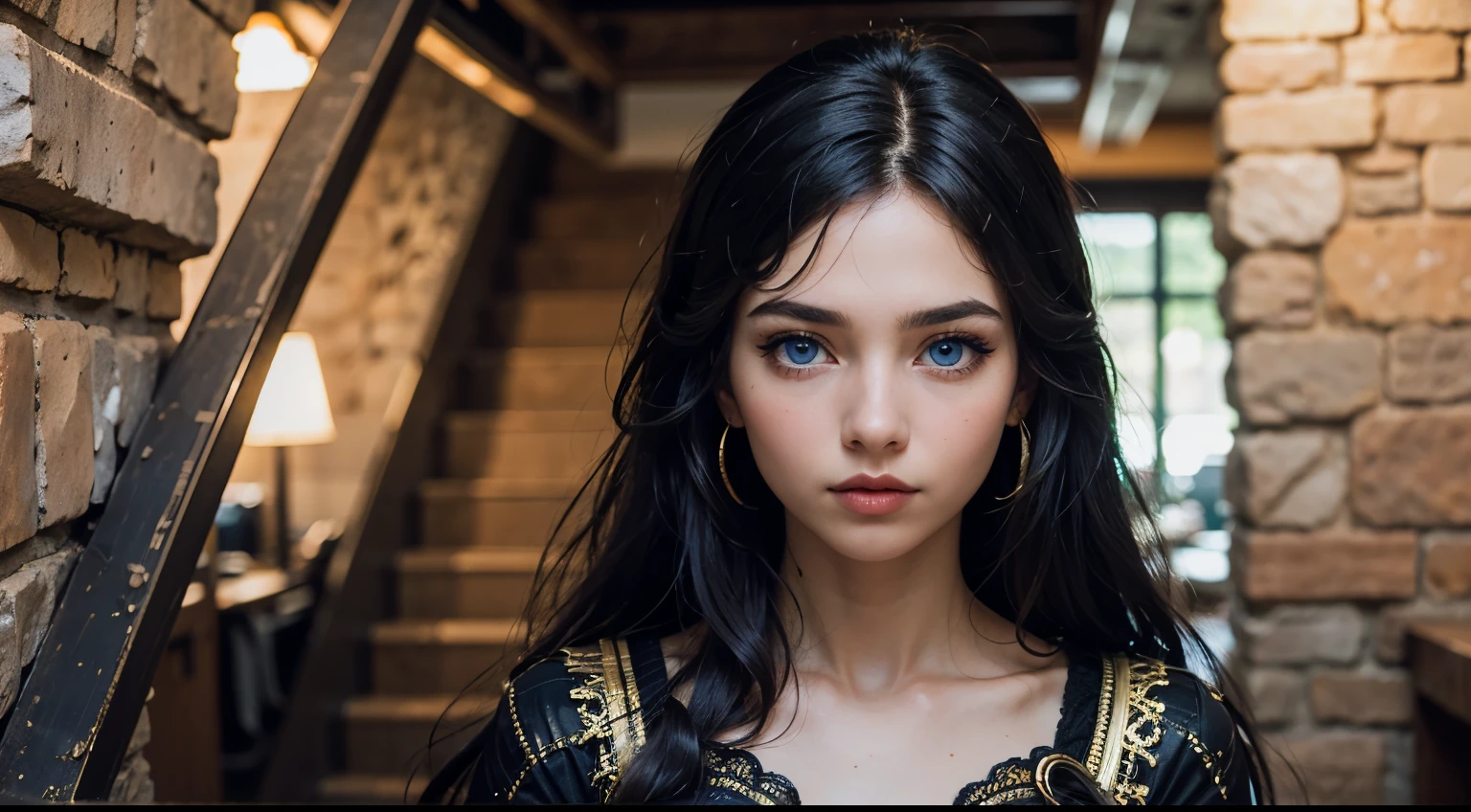 35mm film, solo, makeup, ((blue eyes)), looking at viewer, upper body, epiCPhoto, focus on face, (black and gold dress) close to viewer, intricate lines, stone fortress, sharp magnificent details, delicate features, elaborate details, beautiful girl, black hair, (((long hair))) 1girl, eighteen year old woman ((upper body)) (Acne), ((natural lighting))