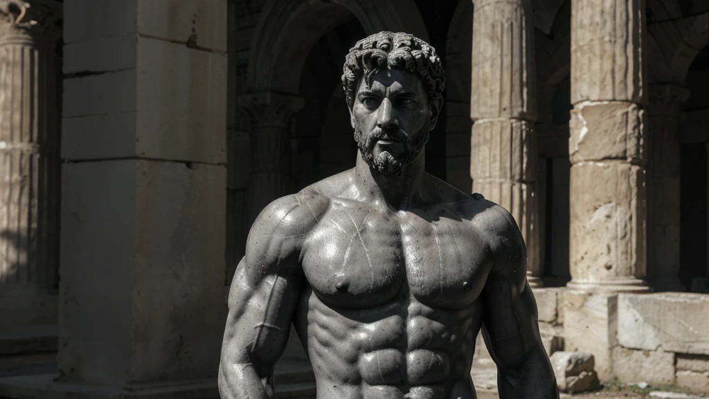 a portrait statue of the stoic Marcus Aurelius in black and white 4K, Super realistic ANCIENT GREEK RUINS, fully body, corpo stark, brawny, stark, wearing no shirt, tronco stark, stark, wearing no shirt, strong arms, 8K, ultra realisitic, cinematographic