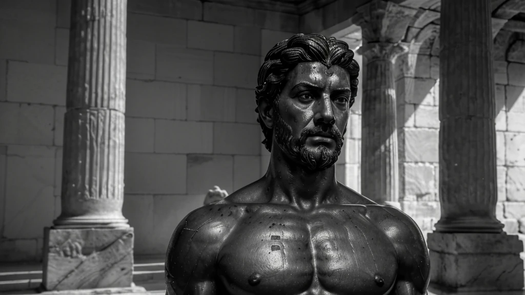 a portrait statue of the stoic Marcus Aurelius in black and white 4K, Super realistic ANCIENT GREEK RUINS, fully body, corpo stark, brawny, stark, wearing no shirt, tronco stark, stark, wearing no shirt, strong arms, 8K, ultra realisitic, cinematographic

