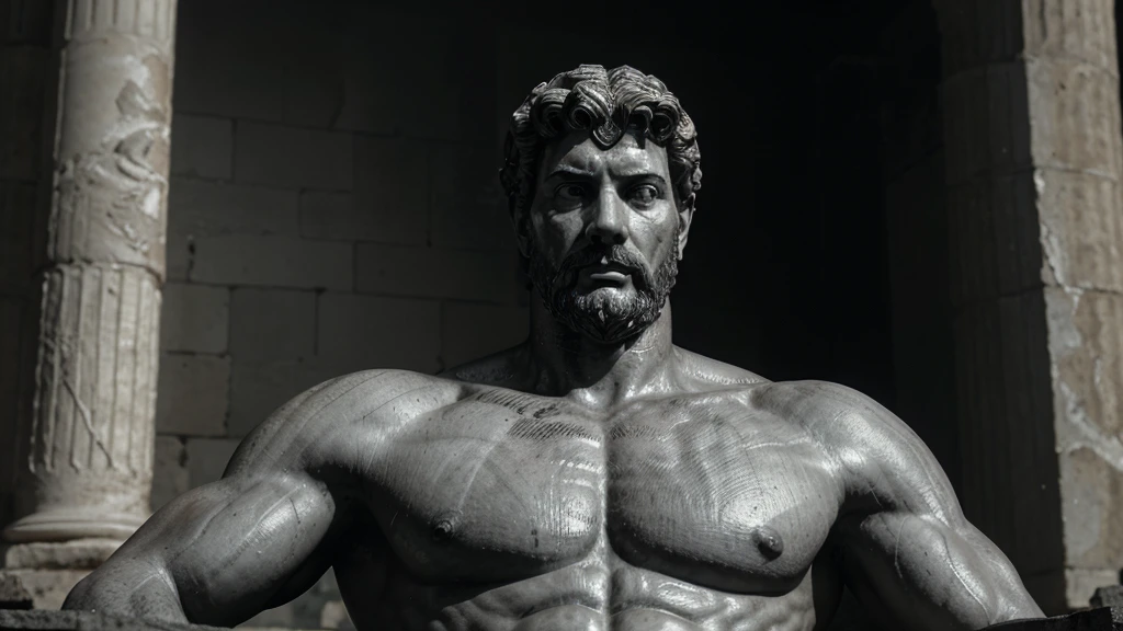 a portrait statue of the stoic Marcus Aurelius in black and white 4K, Super realistic ANCIENT GREEK RUINS, fully body, corpo stark, brawny, stark, wearing no shirt, tronco stark, stark, wearing no shirt, strong arms, 8K, ultra realisitic, cinematographic