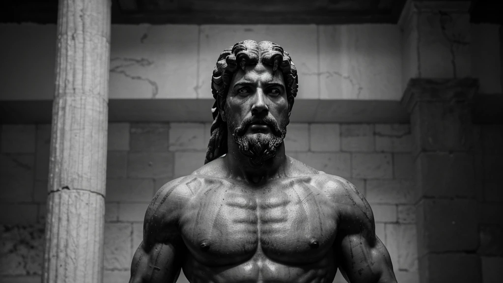 a portrait statue of the stoic Marcus Aurelius in black and white 4K, Super realistic ANCIENT GREEK RUINS, fully body, corpo stark, brawny, stark, wearing no shirt, tronco stark, stark, wearing no shirt, strong arms, 8K, ultra realisitic, cinematographic
