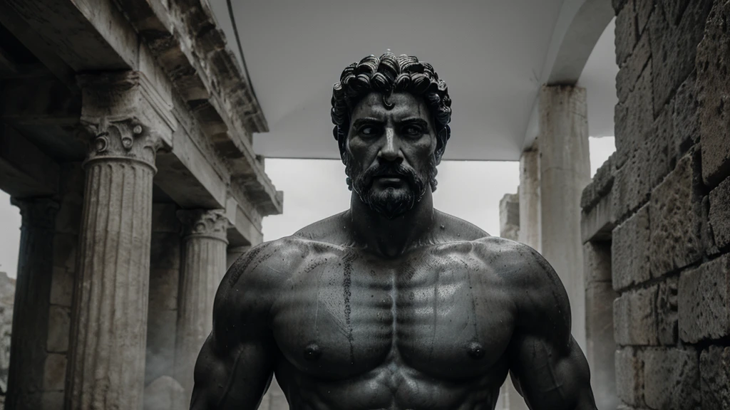 a portrait statue of the stoic Marcus Aurelius in black and white 4K, Super realistic ANCIENT GREEK RUINS, fully body, corpo stark, brawny, stark, wearing no shirt, tronco stark, stark, wearing no shirt, strong arms, 8K, ultra realisitic, cinematographic