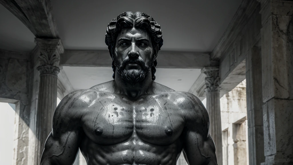 a portrait statue of the stoic Marcus Aurelius in black and white 4K, Super realistic ANCIENT GREEK RUINS, fully body, corpo stark, brawny, stark, wearing no shirt, tronco stark, stark, wearing no shirt, strong arms, 8K, ultra realisitic, cinematographic
