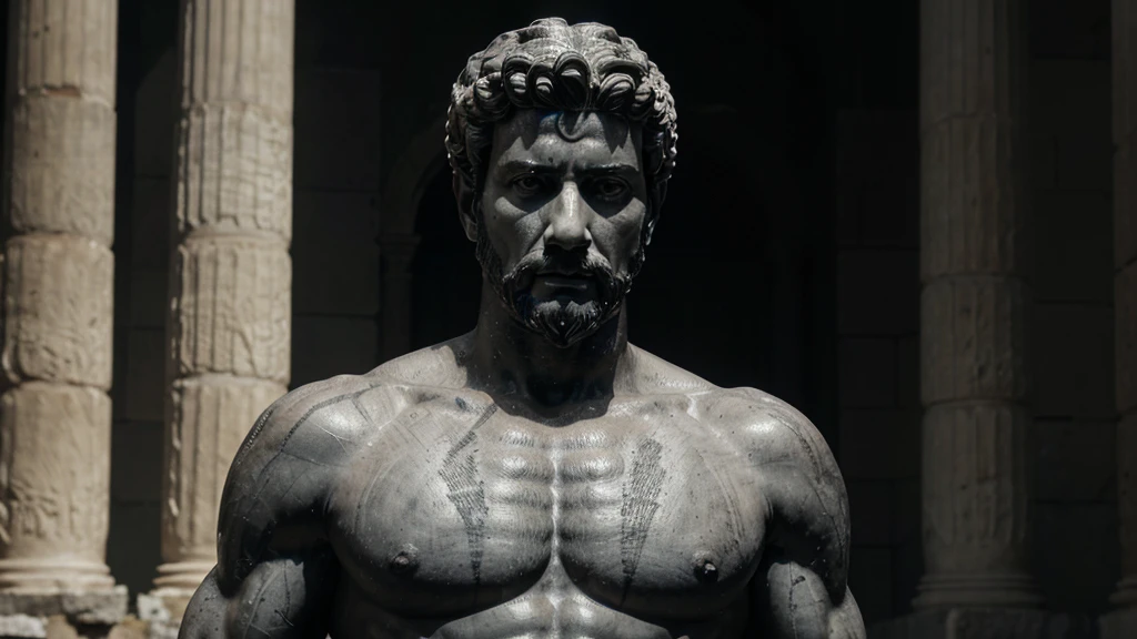 a portrait statue of the stoic Marcus Aurelius in black and white 4K, Super realistic ANCIENT GREEK RUINS, fully body, corpo stark, brawny, stark, wearing no shirt, tronco stark, stark, wearing no shirt, strong arms, 8K, ultra realisitic, cinematographic