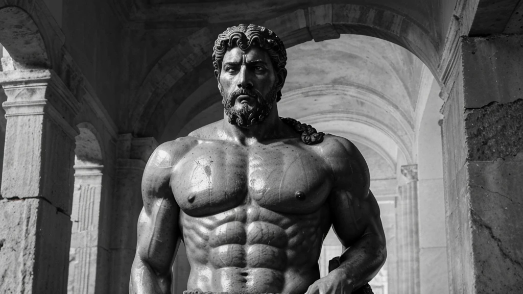a portrait statue of the stoic Marcus Aurelius in black and white 4K, Super realistic ANCIENT GREEK RUINS, fully body, corpo stark, brawny, stark, wearing no shirt, tronco stark, stark, wearing no shirt, strong arms, 8K, ultra realisitic, cinematographic