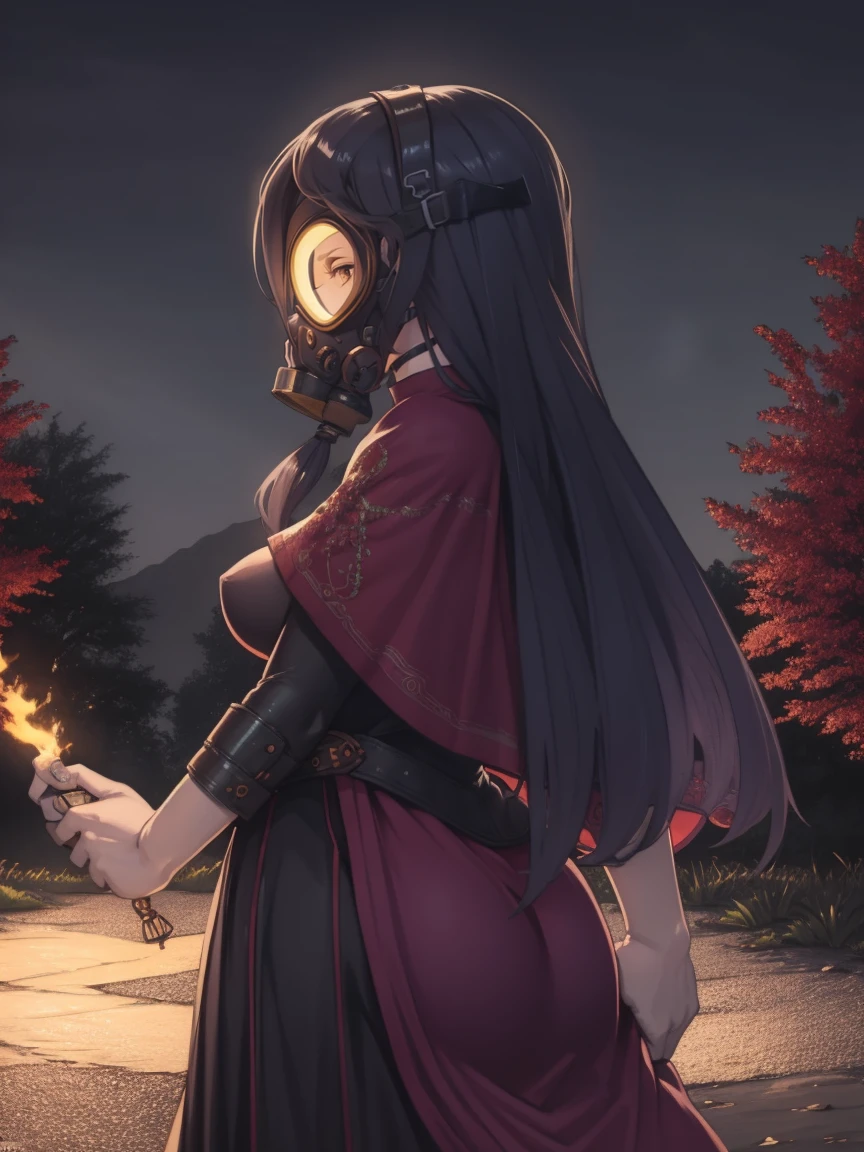 4k, high quality, cowboy shot, digital painting of beautiful young girl, witch, long dark purple hair, flowing hair, giant witches hat, long black cloak, big breasts, fully clothed, layers of cloth clothing, witch clothes, covered in darkness, in the night, night time street girl wearing a gas mask profile view armor
