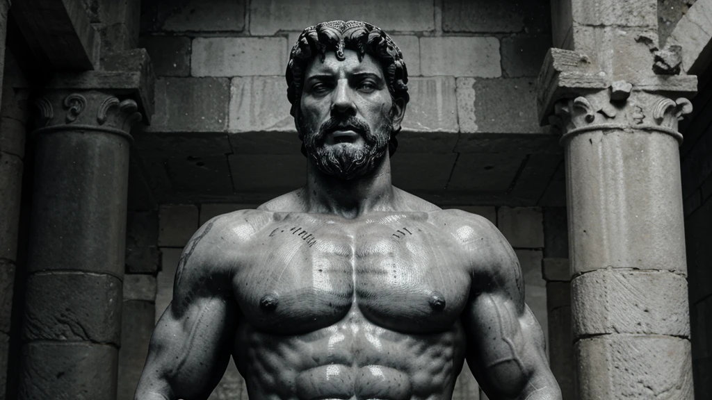 a portrait statue of the stoic Marcus Aurelius in black and white 4K, Super realistic ANCIENT GREEK RUINS, fully body, corpo stark, brawny, stark, wearing no shirt, tronco stark, stark, wearing no shirt, strong arms, 8K, ultra realisitic, cinematographic