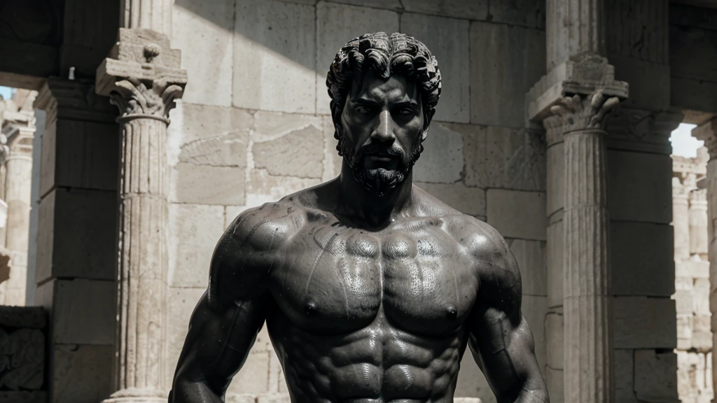 a portrait statue of the stoic Marcus Aurelius in black and white 4K, Super realistic ANCIENT GREEK RUINS, fully body, corpo stark, brawny, stark, wearing ????????, tronco stark, stark, wearing ????????, strong arms, 8K, ultra realisitic, cinematographic