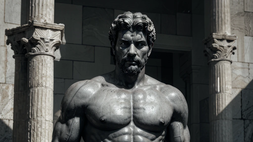 a portrait statue of the stoic Marcus Aurelius in black and white 4K, Super realistic ANCIENT GREEK RUINS, fully body, corpo stark, brawny, stark, wearing no shirt, tronco stark, stark, wearing no shirt, strong arms, 8K, ultra realisitic, cinematographic