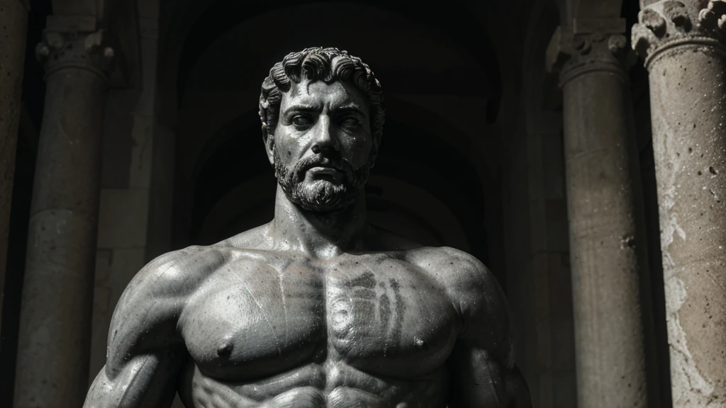 a portrait statue of the stoic Marcus Aurelius in black and white 4K, Super realistic ANCIENT GREEK RUINS, fully body, corpo stark, brawny, stark, wearing no shirt, tronco stark, stark, wearing no shirt, strong arms, 8K, ultra realisitic, cinematographic
