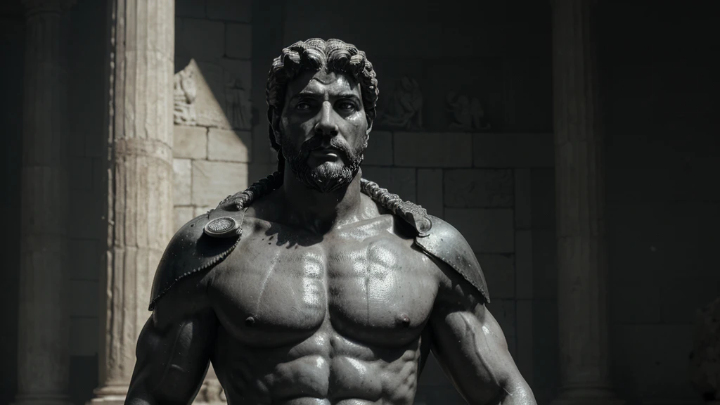 a portrait statue of the stoic Marcus Aurelius in black and white 4K, Super realistic ANCIENT GREEK RUINS, fully body, corpo stark, brawny, stark, wearing no shirt, tronco stark, stark, wearing no shirt, strong arms, 8K, ultra realisitic, cinematographic