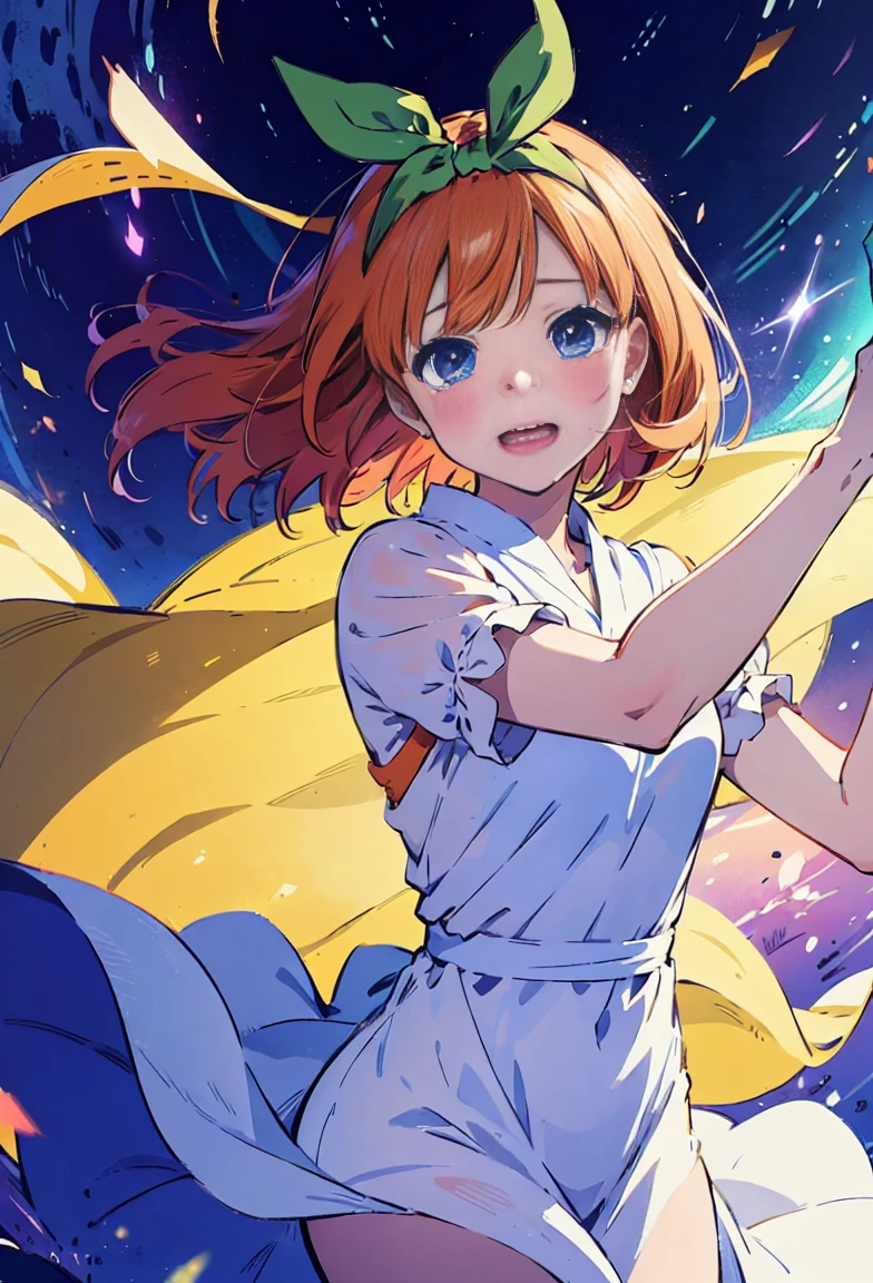 Yotsuba Nakano, short orange hair, green ribbon,, 4k, extremely fine illustration, cowboy shot, tears,, sfw, crying, dynamic pose, interesting pose, expressive face, silky pretty dress,flowing dress, wind, extremely fine and beautiful, super fine illustration, top-quality、Official art、Beautifully Aesthetic:、vivid colours、colourful, HD Detail, Ultra Detail, soft Light, magical photography, intricate details, , sfw, , indigo eyes, masterpiece, 4k, ultradetailed,