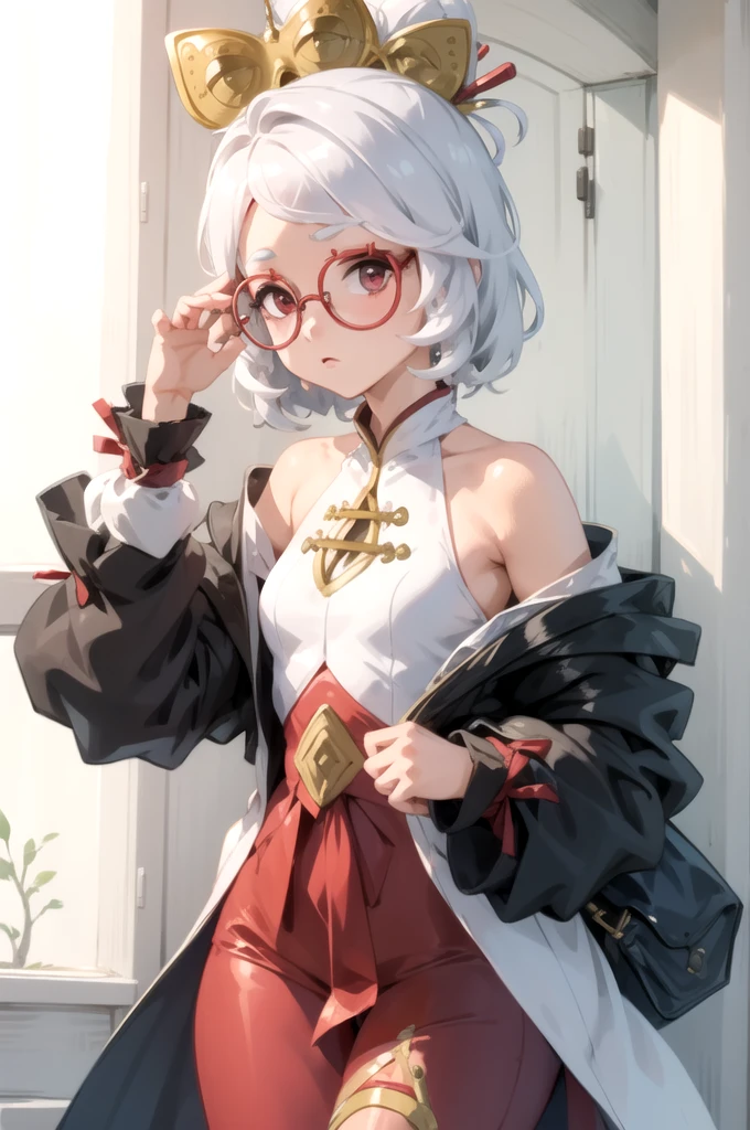 (masterpiece), (best quality),
solo, 1girl, 
purah, white hair,  glasses, hair ornament, 