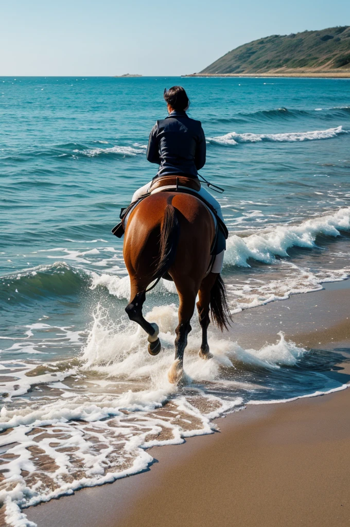 Horse walking away entering the sea with its back turned deep into the sea, paint 