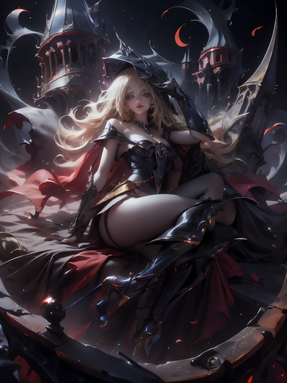 Dark magician gils with black gala dress. She wears red heels, has earrings. Wear necklaces. Long blonde hair. blue eyes. Red lips. Sensual and subjective pose. Castle Background