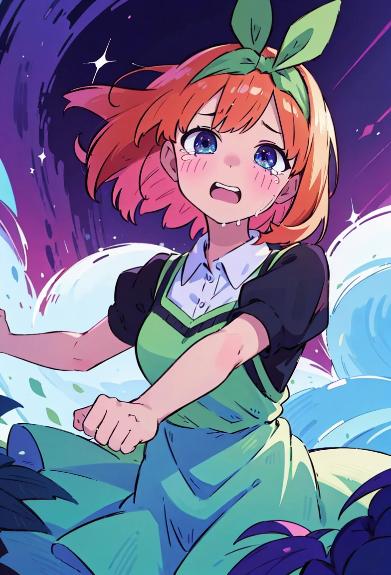 Yotsuba Nakano, short orange hair, green ribbon,, 4k, extremely fine illustration, cowboy shot, tears,, sfw, crying, dynamic pose, interesting pose, expressive face, silky pretty dress,flowing dress, wind, extremely fine and beautiful, super fine illustration, top-quality、Official art、Beautifully Aesthetic:、vivid colours、colourful, HD Detail, Ultra Detail, soft Light, magical photography, intricate details, , sfw, , indigo eyes, masterpiece, 4k, ultradetailed,