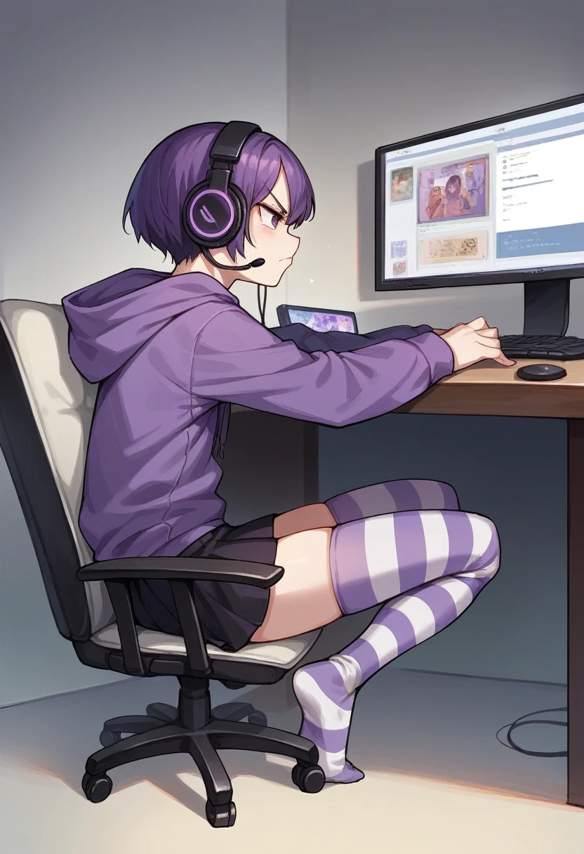 score_9, score_8_up, score_7_up, score_6_up, score_5_up, score_4_up, sideview, sitting on a chair, 20 years old anime girl, purple short hair, purple hoodie, flat chest, black skirt, girl with headphones, girl gaming in front a computer, computer table, grumpy expression, focus on girl, full body, bad back posture, hunched back, Striped high stockings, purple and black striped stockings, playing videogames
