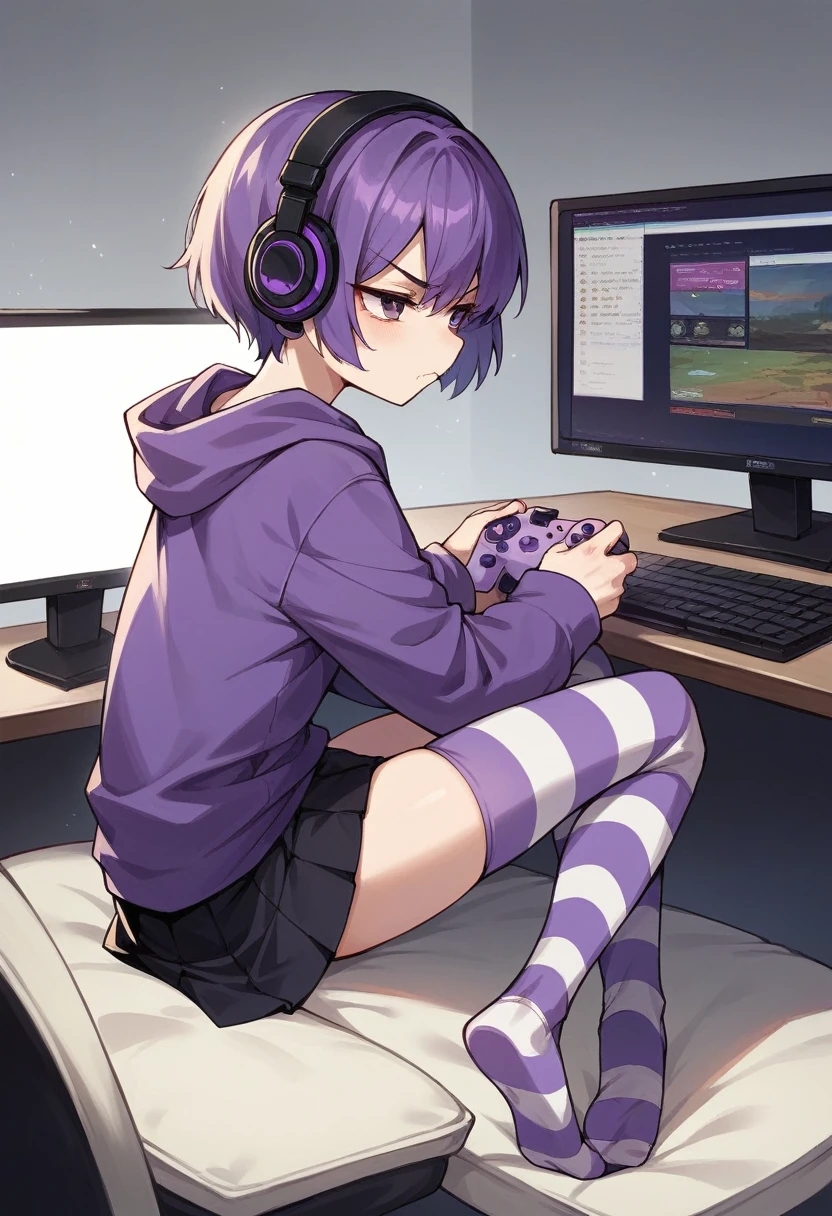 score_9, score_8_up, score_7_up, score_6_up, score_5_up, score_4_up, sideview, sitting on a chair, 20 years old anime girl, purple short hair, purple hoodie, flat chest, black skirt, girl with headphones, girl gaming in front a computer, computer table, grumpy expression, focus on girl, full body, bad back posture, hunched back, Striped high stockings, purple and black striped stockings, playing videogames