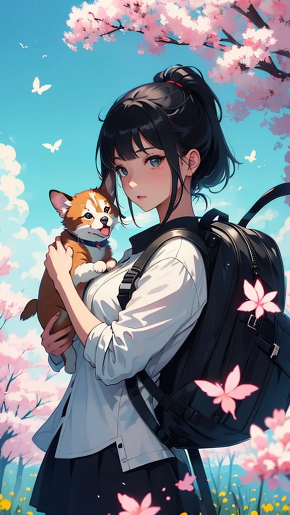 An incredibly charming  carrying a backpack, accompanied by her adorable puppy, enjoying a lovely spring outing surrounded by beautiful yellow flowers and natural scenery. The illustration is in high definition at 4k resolution, with highly-detailed facial features and cartoon-style visuals, (Butterfly Dance)